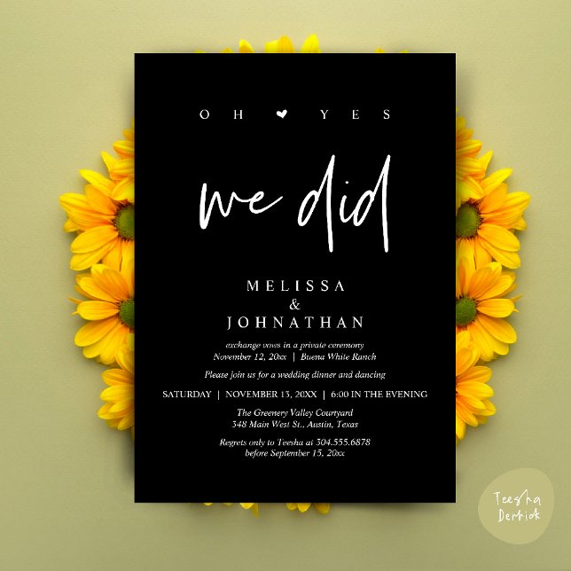 Oh Yes, We Did, Modern Wedding Elopement Dinner Invitation (Oh Yes, We Did, Modern Wedding Elopement Dinner Modern Clean Invitation Card PDF in Classy Black)