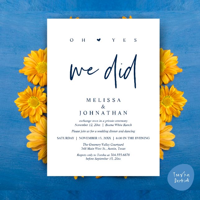 Oh Yes, We Did, Modern Wedding Elopement Dinner Invitation (Oh Yes, We Did, Modern Wedding Elopement Dinner Modern Clean Invitation Card PDF in Navy Blue)