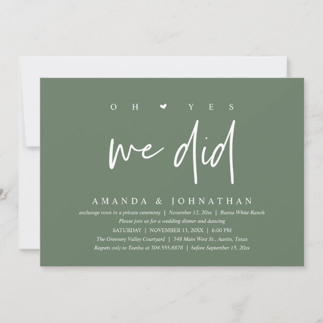 Oh Yes, We Did, Modern Wedding Elopement Dinner Invitation (Front)