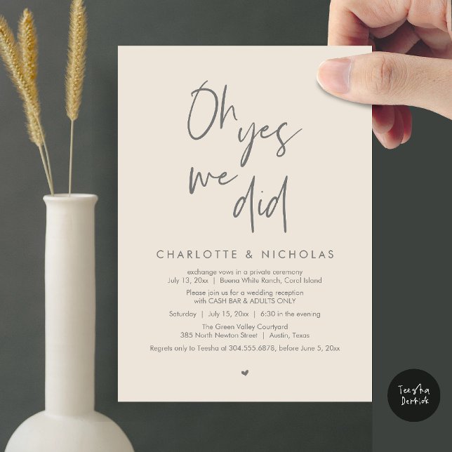 Oh Yes, We Did, Wedding Dinner Party Cash Bar Invitation (Oh Yes, We Did, Modern Wedding Elopement Reception Dinner Party Invites Card PDF Cream Grey)