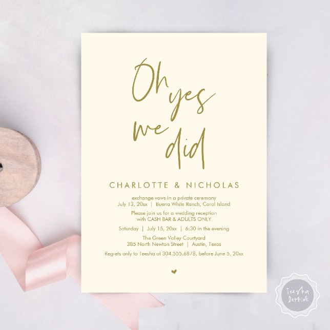 Oh Yes, We Did, Wedding Dinner Party Cash Bar Invitation (Oh Yes, We Did, Modern Wedding Elopement Reception Dinner Party Invites Card PDF Yellow Gold)