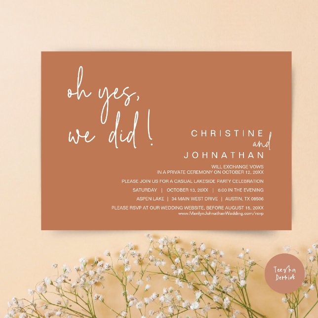 Oh Yes, We Did, Wedding Elopement, Copper Rust Invitation (Oh Yes, We Did, Modern Wedding Elopement Dinner Party Invitation Card, PDF, Copper Rust Brown)