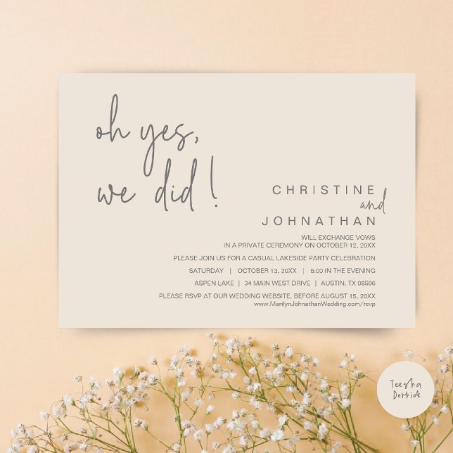 Oh Yes, We Did, Wedding Elopement, Cream and Grey Invitation (Oh Yes, We Did, Modern Wedding Elopement Dinner Party Invitation Card, PDF, Cream and Grey)