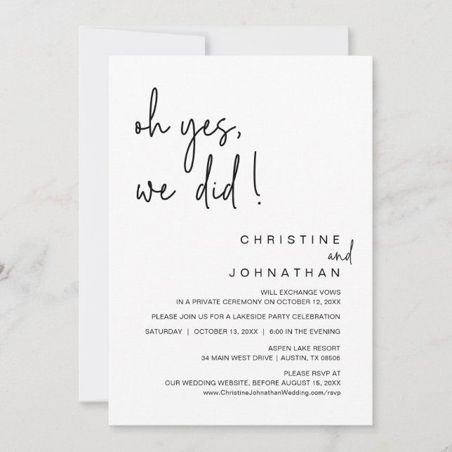 Oh Yes, We Did, Wedding Elopement Dancing Party In Invitation (Front)