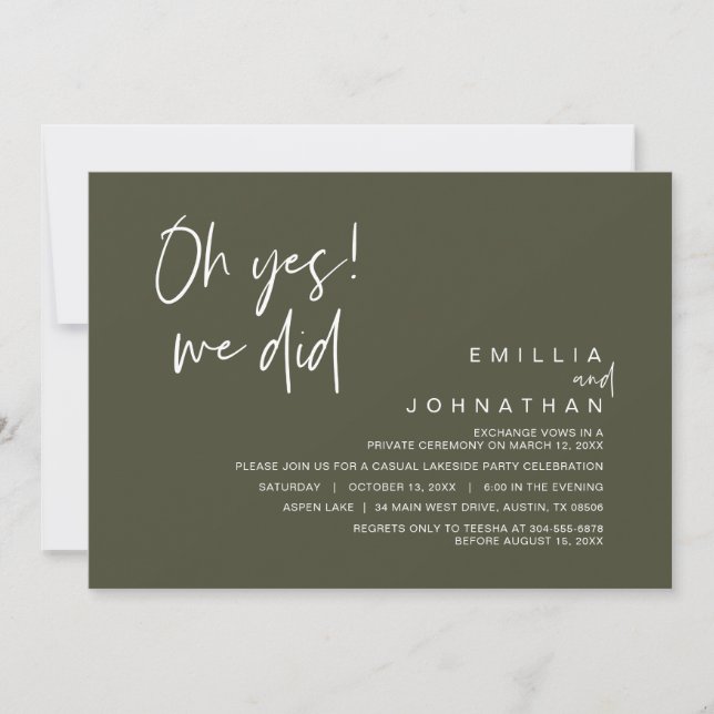 Oh Yes, We Did, Wedding Elopement Dinner Party Invitation (Front)