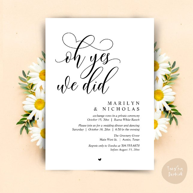 Oh Yes, We Did, Wedding Elopement Dinner Party Invitation (Oh Yes, We Did, Wedding Elopement Dinner Romantic Modern Party Invitation Card PDF Black White)