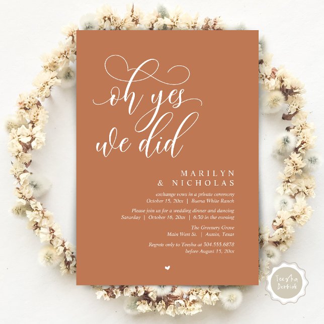 Oh Yes, We Did, Wedding Elopement Dinner Party Invitation (Oh Yes, We Did, Wedding Elopement Dinner Romantic Modern Party Invitation Card PDF Copper Brown)