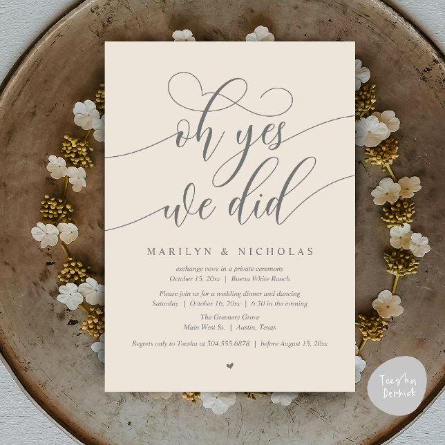 Oh Yes, We Did, Wedding Elopement Dinner Party Invitation (Oh Yes, We Did, Wedding Elopement Dinner Romantic Modern Party Invitation Card PDF Cream Grey)