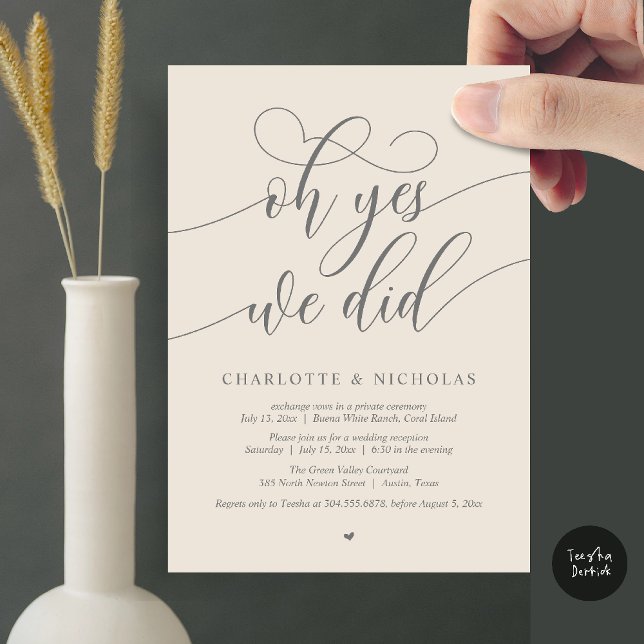 Oh Yes, We Did, Wedding Elopement Dinner Party Invitation (Oh Yes, We Did, Modern Wedding Elopement Reception Dinner Party Invites Card PDF Cream Grey)