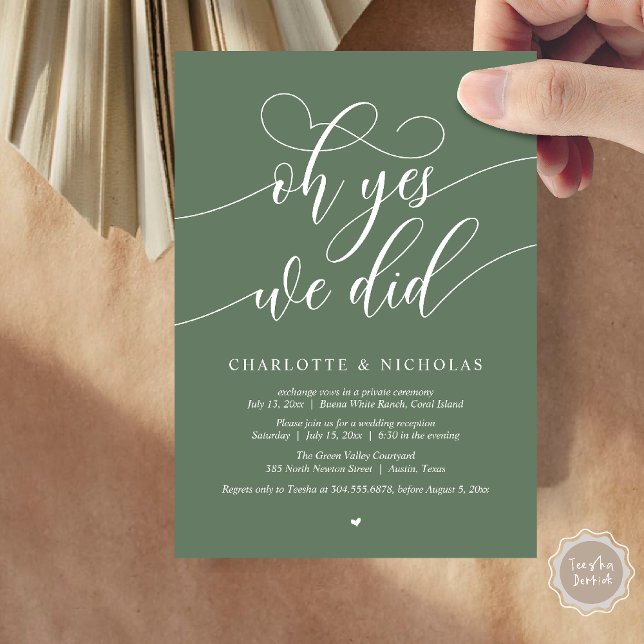 Oh Yes, We Did, Wedding Elopement Dinner Party Invitation (Oh Yes, We Did, Modern Wedding Elopement Reception Dinner Party Invites Card PDF Forest Sage Green)