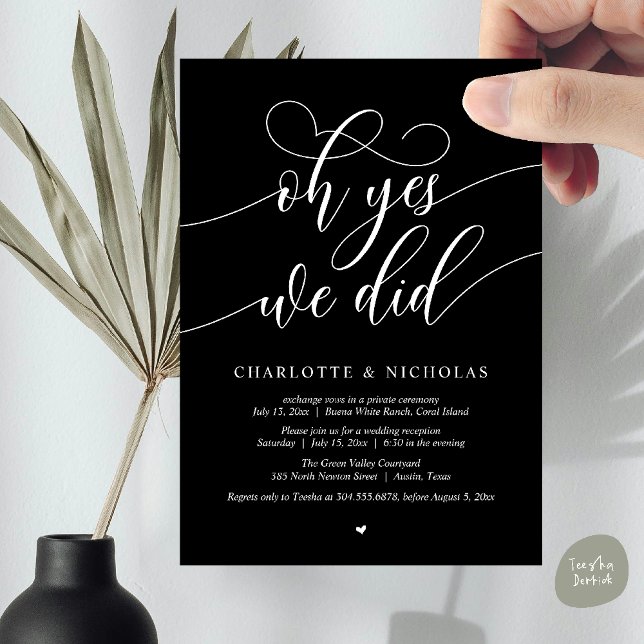 Oh Yes, We Did, Wedding Elopement Dinner Party Invitation (Oh Yes, We Did, Modern Wedding Elopement Reception Dinner Party Invites Card PDF Classy Black)