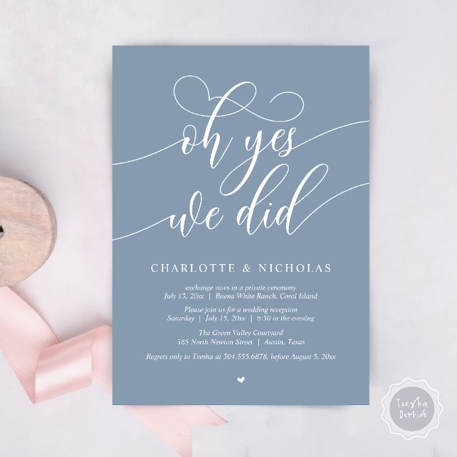 Oh Yes, We Did, Wedding Elopement Dinner Party Invitation (Oh Yes, We Did, Modern Wedding Elopement Reception Dinner Party Invites Card PDF Dusty Blue)