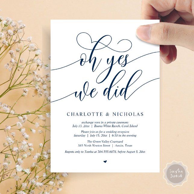 Oh Yes, We Did, Wedding Elopement Dinner Party Invitation (Oh Yes, We Did, Modern Wedding Elopement Reception Dinner Party Invites Card PDF Navy Blue)