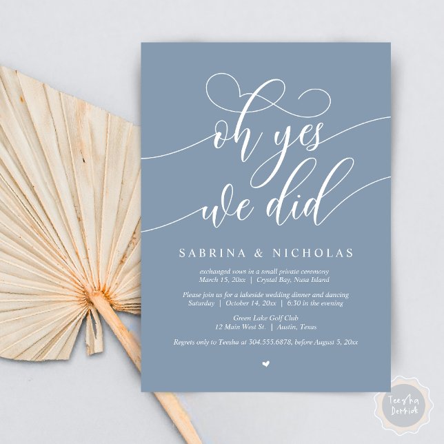 Oh Yes, We Did, Wedding Elopement Dinner Party Invitation (Oh Yes, We Did, Wedding Elopement Dinner Brunch Lunch Party Invites Card, PDF, Dusty Blue)