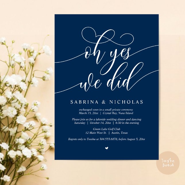 Oh Yes, We Did, Wedding Elopement Dinner Party Invitation (Oh Yes, We Did, Wedding Elopement Dinner Brunch Lunch Party Invites Card, PDF, Navy Blue)
