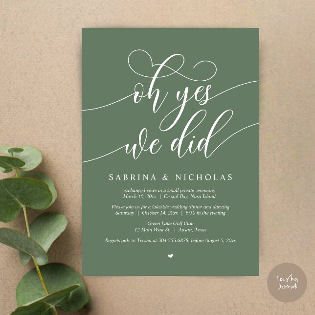 Oh Yes, We Did, Wedding Elopement Dinner Party Invitation (Oh Yes, We Did, Wedding Elopement Dinner Brunch Lunch Party Invites Card, PDF, Forest Sage Green)