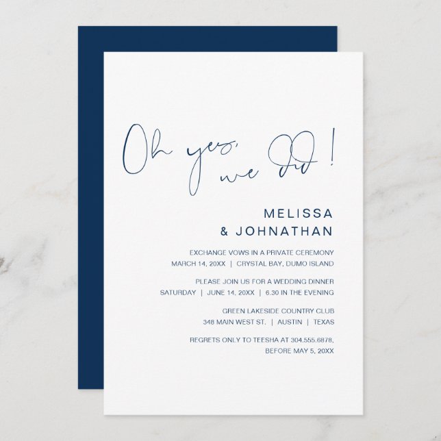 Oh yes, we did, Wedding Elopement Party, Navy Blue Invitation (Front/Back)