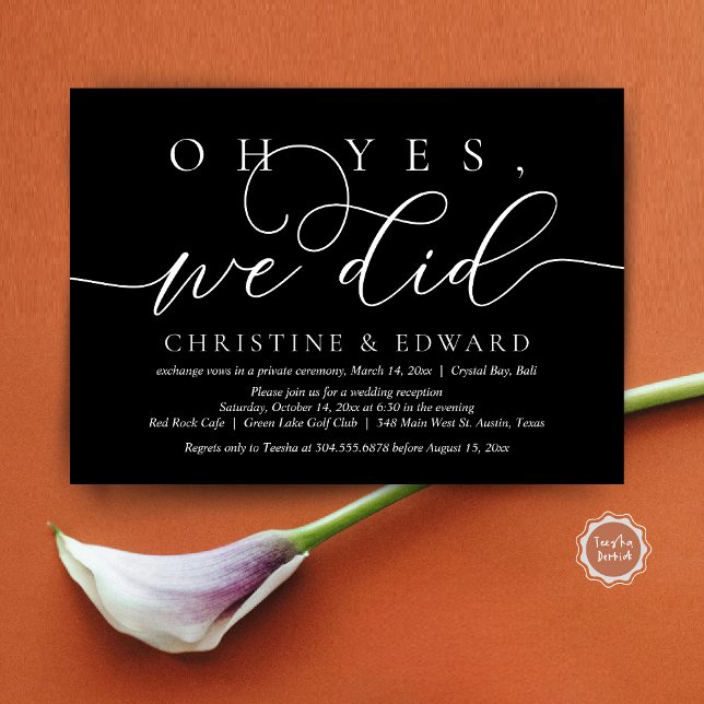 Oh Yes, We Did, Wedding Elopement Romantic Dinner  Invitation (Oh Yes, We Did, Wedding Elopement Dinner Invitation Card, PDF, Modern Romantic, in Elegant Black)