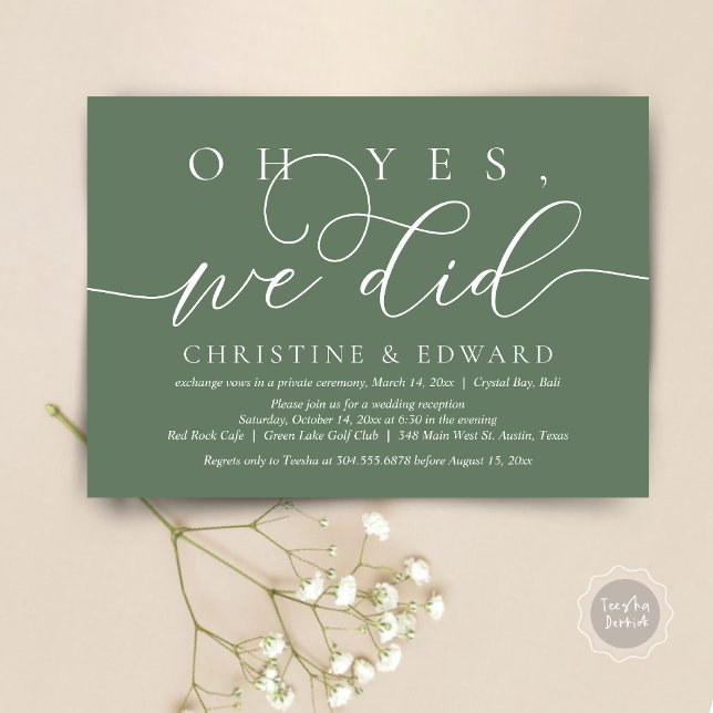 Oh Yes, We Did, Wedding Elopement Romantic Dinner  Invitation (Oh Yes, We Did, Wedding Elopement Dinner Invitation Card, PDF, Modern Romantic, in Forest Sage Green)