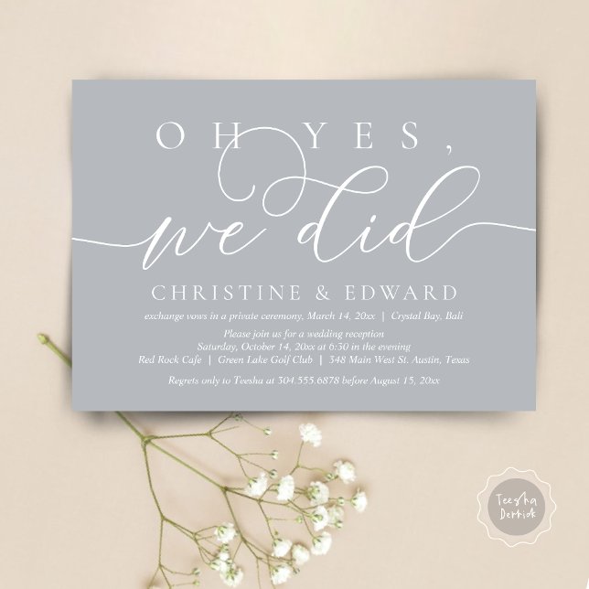 Oh Yes, We Did, Wedding Elopement Romantic Dinner  Invitation (Oh Yes, We Did, Wedding Elopement Dinner Invitation Card, PDF, Modern Romantic, in Chill Grey)