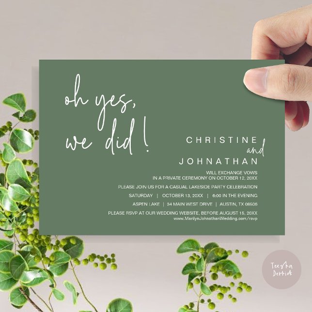 Oh Yes, We Did, Wedding Elopement, Sage Green Invitation (Oh Yes, We Did, Modern Wedding Elopement Dinner Party Invitation Card, PDF, Sage Green)