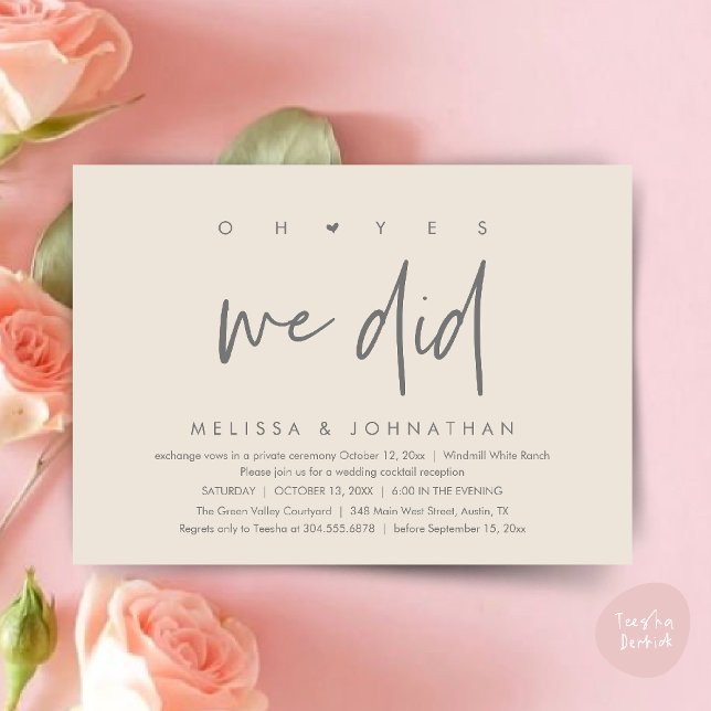 Oh yes we did, Wedding Reception Dinner Dancing Invitation (Oh yes we did, Modern Wedding Reception Dinner Dancing Minimalist Invitation Card PDF Cream Grey)