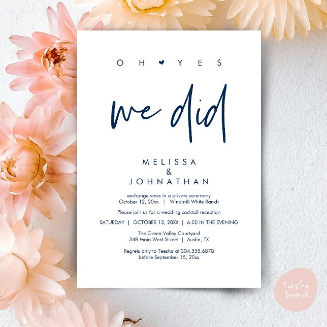Oh yes we did, Wedding Reception Dinner Dancing Invitation (Oh yes we did, Modern Wedding Reception Dinner Dancing Minimalist Invitation Card PDF Navy Blue)