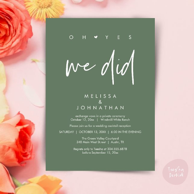 Oh yes we did, Wedding Reception Dinner Dancing Invitation (Oh yes we did, Modern Wedding Reception Dinner Dancing Minimalist Invitation Card PDF Sage Green)