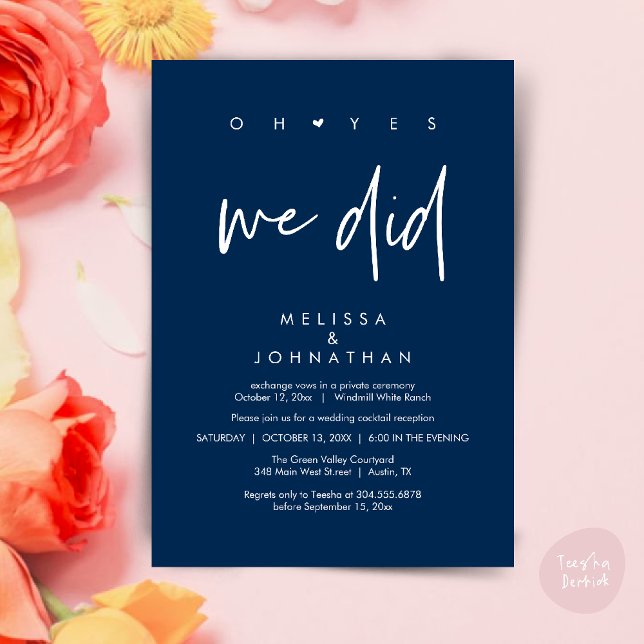 Oh yes we did, Wedding Reception Dinner Dancing Invitation (Oh yes we did, Modern Wedding Reception Dinner Dancing Minimalist Invitation Card PDF Navy Blue)