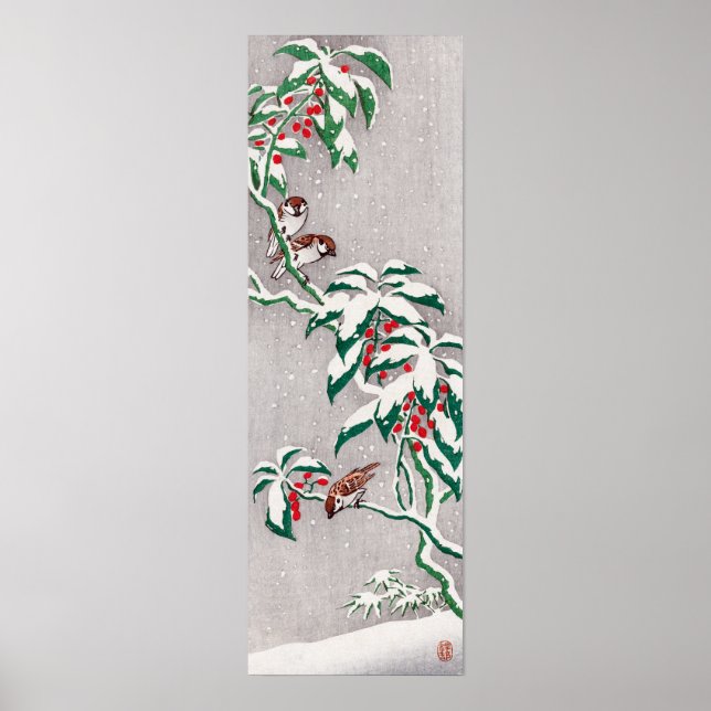 Ohara Koson Sparrows on snowy berry bush Poster (Front)