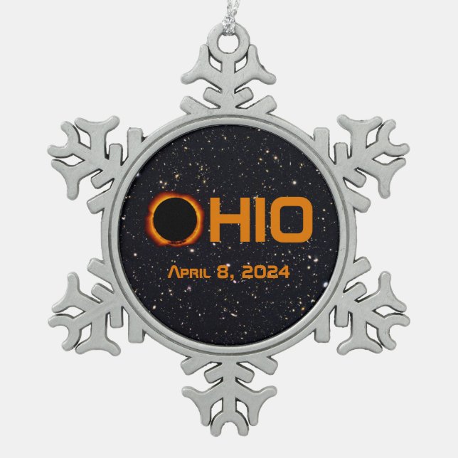 Ohio 2024 Total Solar Eclipse  Snowflake Pewter Christmas Ornament (Front)