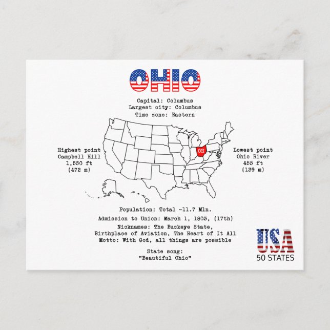 Ohio American state on a map and useful info Holiday Postcard (Front)