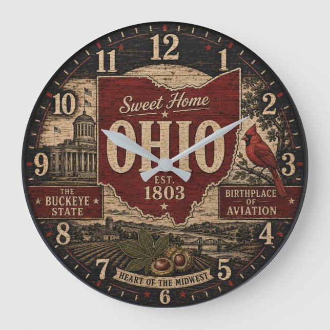 Ohio Buckeye State Rustic Farmhouse Vintage Large Clock (Front)