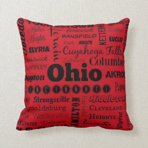 Ohio cities typography throw pillow in red/black