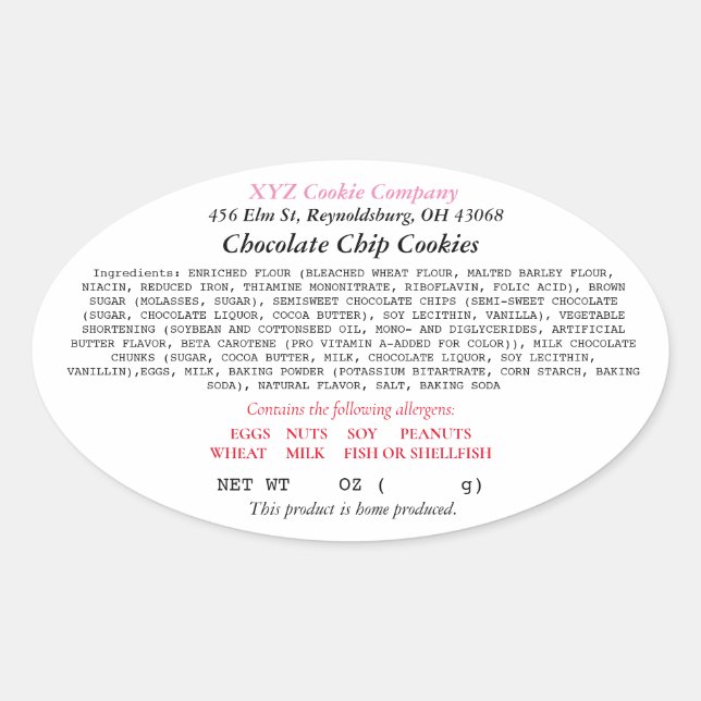 Ohio Cottage Food Law Label home baker (Front)