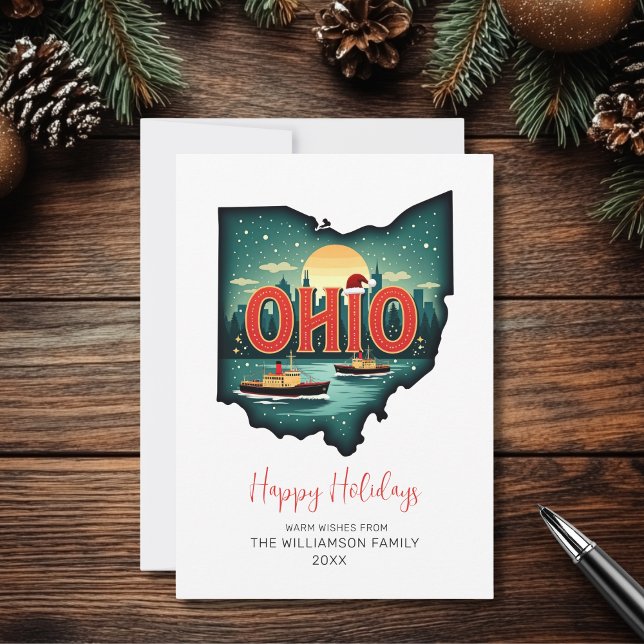 Ohio Festive Map Happy Holidays Flat Holiday Card (Personalize with your Family Name and the Year.  Matching items available)