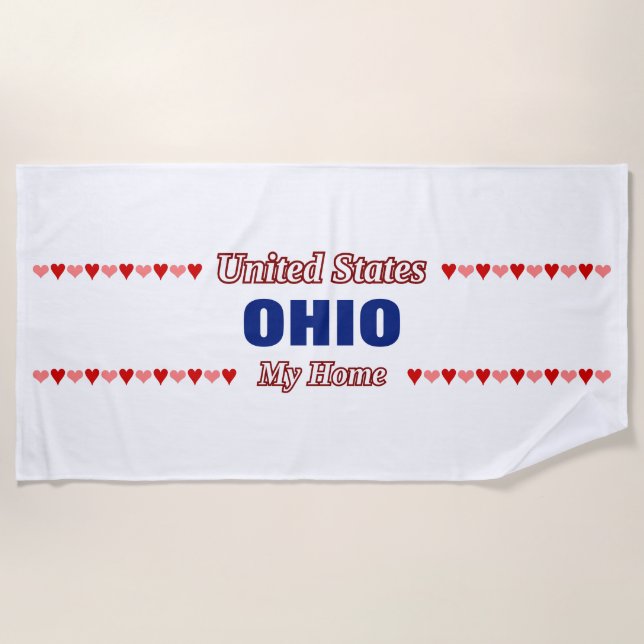 OHIO - My Home - United States; Red & Pink Hearts Beach Towel (Front)