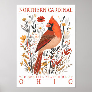 Ohio Northern Cardinal State Bird Botanical Poster