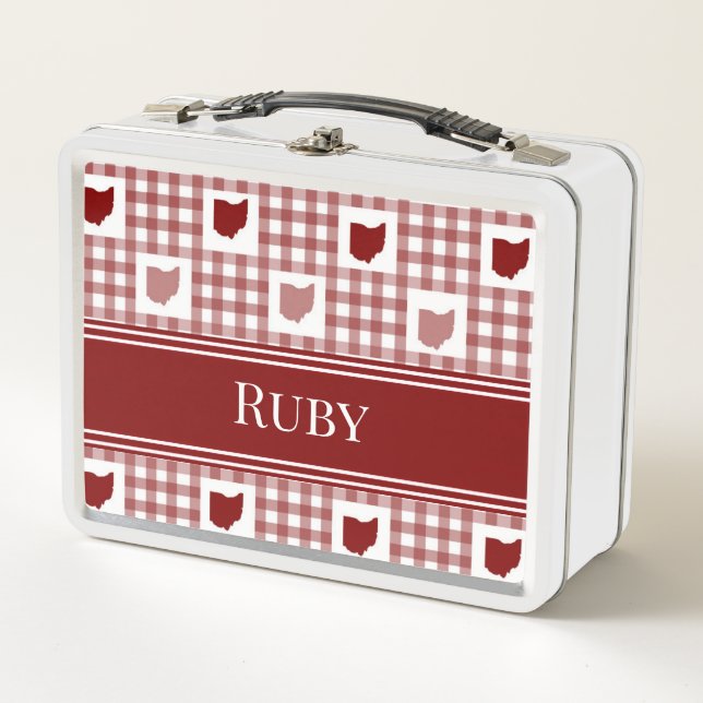 Ohio Red Gingham Metal Lunch Box (Front)