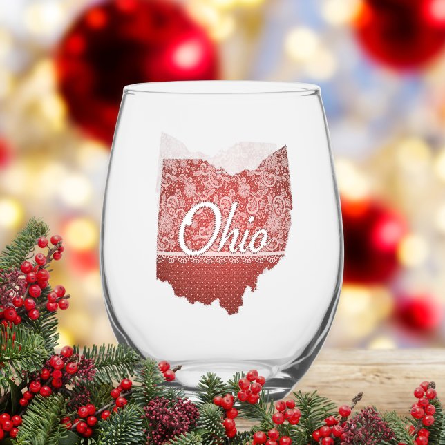 Ohio Souvenir Gift  Stemless Wine Glass (A feminine Ohio map adorned in faux lace and polka dots is a cute gift for her in any season.)