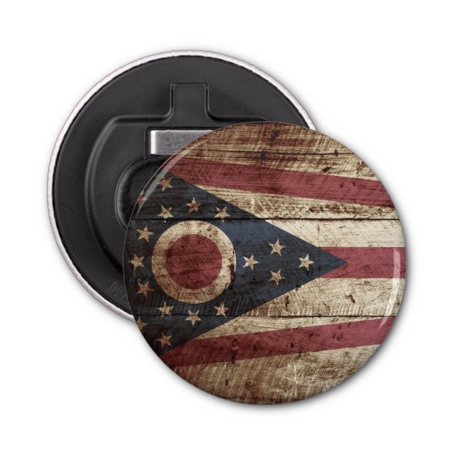 Ohio State Flag on Old Wood Grain Bottle Opener (Front)