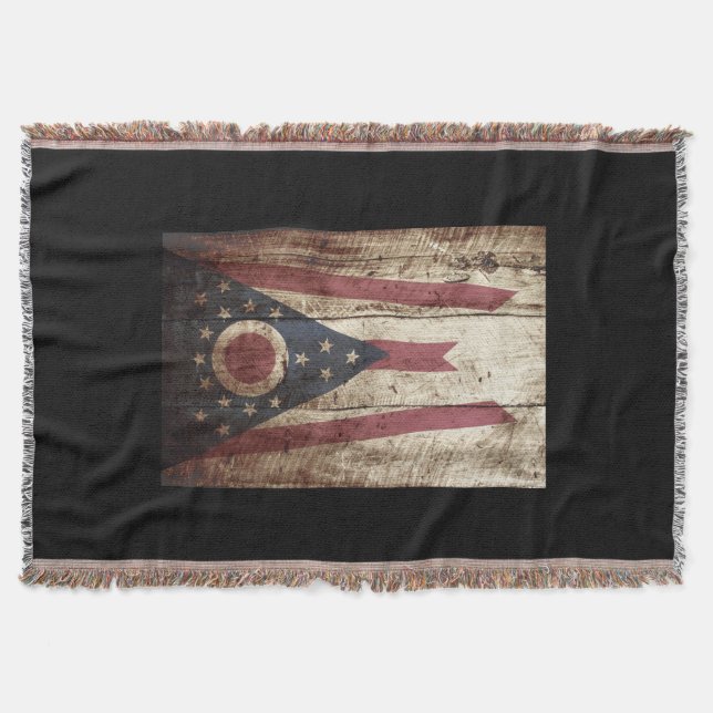 Ohio State Flag on Old Wood Grain Throw Blanket (Front)