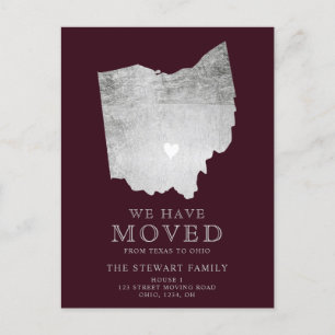 Ohio state map burgundy silver home moving announcement postcard