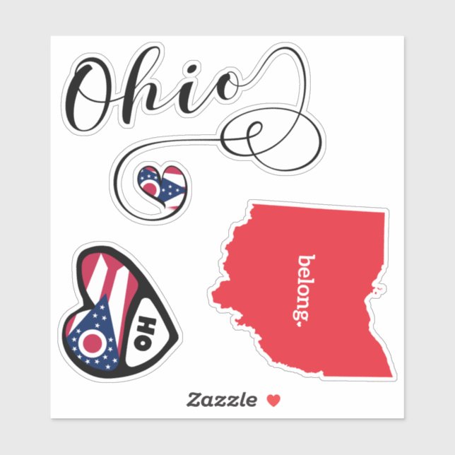 Ohio State Map & Flag 3 Different Die Cut Stickers (Sheet)