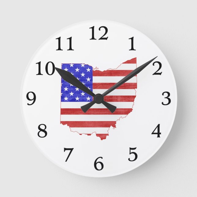 Ohio State Map Shaped American Flag Round Clock (Front)