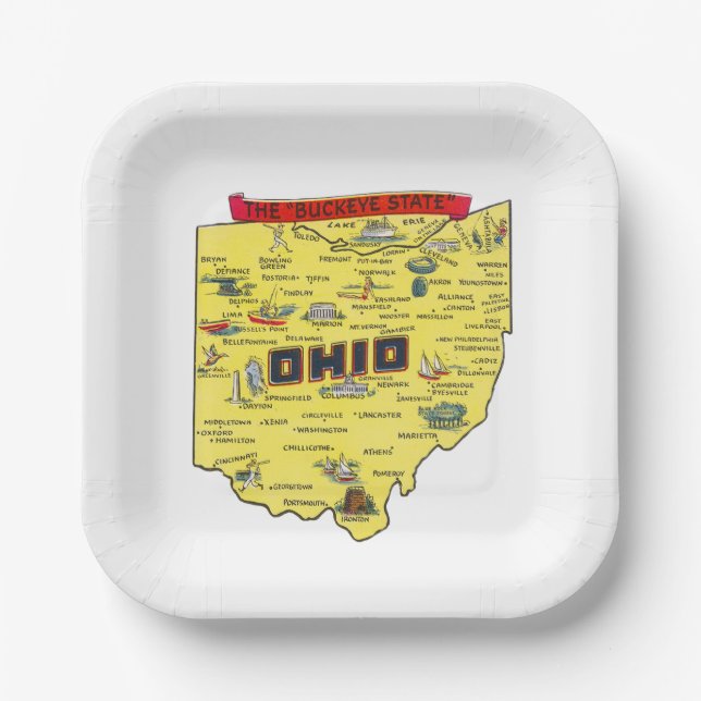 Ohio The Buckeye State vintage Map Paper Plate (Front)