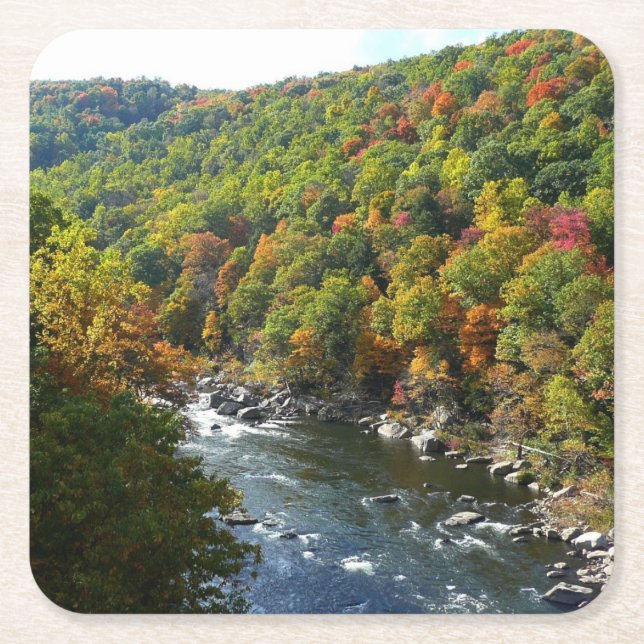 Ohiopyle River in Fall II Pennsylvania Autumn Square Paper Coaster (Front)