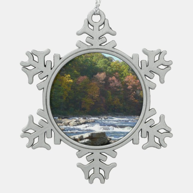 Ohiopyle River Rapids in Fall Pennsylvania Autumn Snowflake Pewter Christmas Ornament (Front)