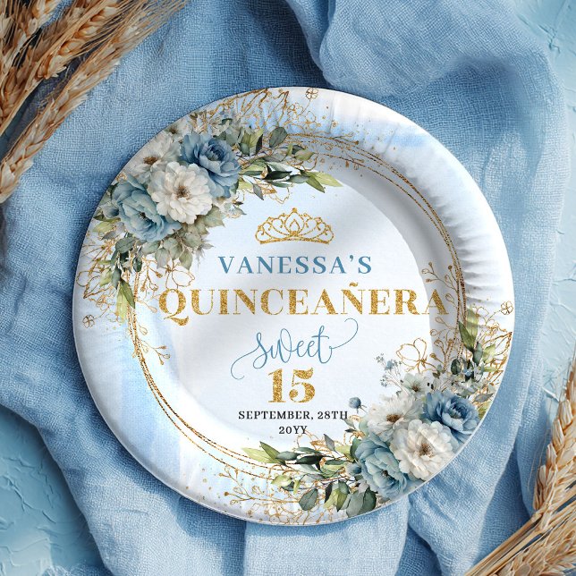 oho Dusty Blue Floral Eucalyptus Gold Quinceañera  Paper Plate (oho Dusty Blue Floral Eucalyptus Gold Quinceañera Plates)