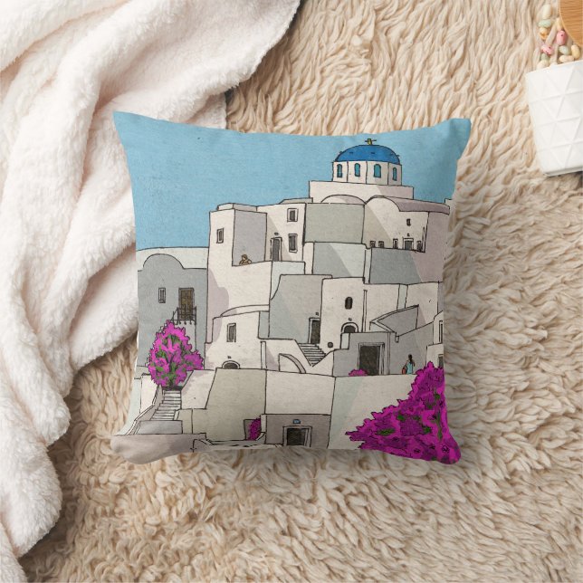 Oia Santorini Island Greece Whimsical Illustration Cushion (Blanket)